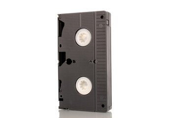 Fototapeta premium One video cassette, macro, isolated on white background.