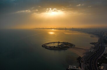 Aerial view of an island in Kuwait at sunset