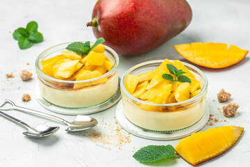 dessert panna cotta with pieces of fresh mango on a light background. top view