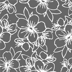 seamless pattern of white contours of flowers on a gray background, texture, design