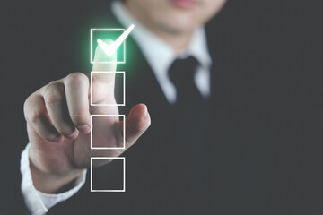 check list, validation. businessman mark on checkbox with check mark. with space designed for...