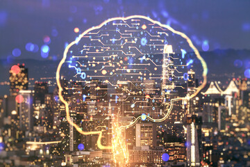 Virtual creative artificial Intelligence hologram with human brain sketch on San Francisco skyline background. Multiexposure