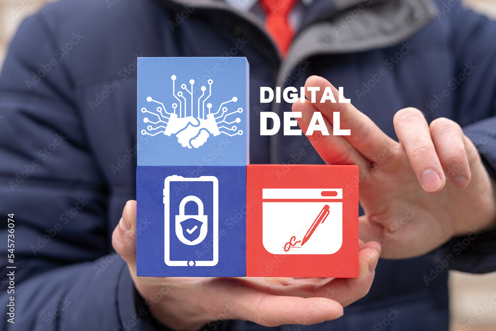 Poster digital deal business concept. smart contract blockchain technology. businessman using virtual touch