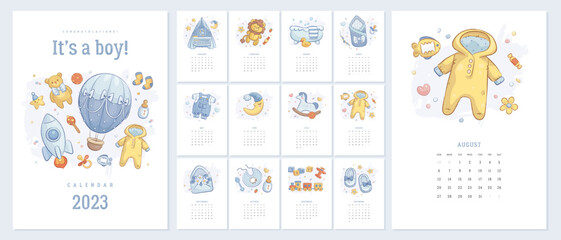 Illustrated 2023 calendar template with hand drawn baby boy shower elements isolated on white background. Vector illustration