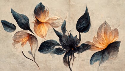 Beautiful dark abstract exotic flowers. Ink flowers and patterns.