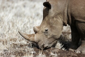 Closeup of a white rhino grazing in Lewa Conservancy, Kenya © Antwerp Lion/Wirestock Creators