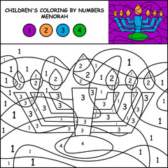 Children's coloring by numbers, menorahs. educational game for a child. teaching colors and numbers.