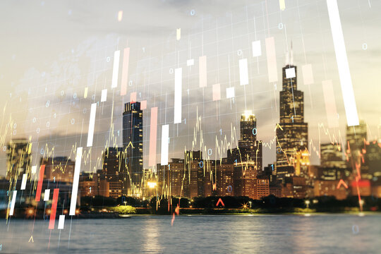 Multi exposure of virtual creative financial graph and world map on Chicago city skyline background, forex and investment concept © Pixels Hunter