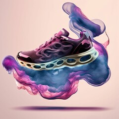 3d illustration of a comfortable futuristic sneaker floating in the air on a pink background