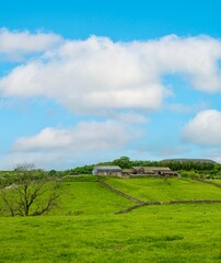 Obraz premium Aerial view of farm on hillside in the Yorkshire Dales, North Yorkshire.