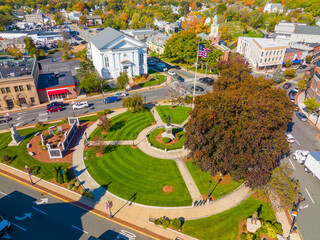 Woburn Common and City Hall aerial view in downtown Woburn, Massachusetts MA, USA.