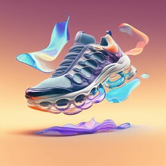 3d illustration of a comfortable futuristic sneaker floating in the air on a colorful background