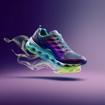 3d illustration of a comfortable futuristic sneaker floating in the air on a purple background