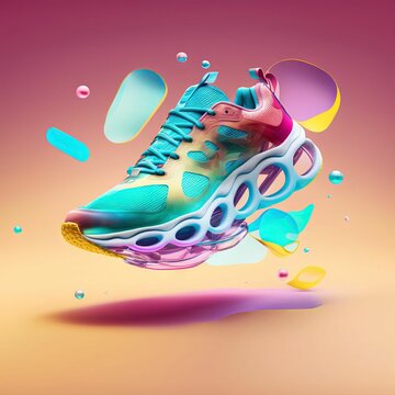 3d illustration of a comfortable futuristic sneaker floating in the air on a  colorful background