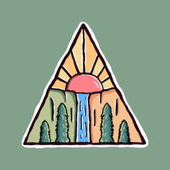 nature waterfall with sunrise, design for for t-shirt, sticker, badge, etc