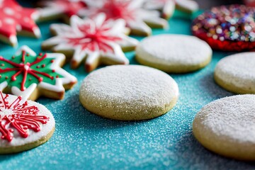 Fototapeta na wymiar Photorealistic AI generated digital artwork of delicious Christmas cookies in various shapes