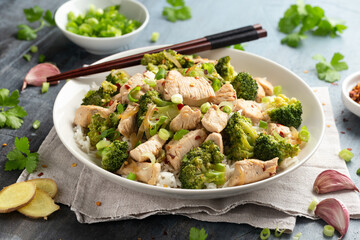 Stir fried Chicken and Broccoli with rice in white plate