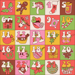 Groovy Christmas Advent calendar with hand drawn retro hippie elements. Xmas square Poster. Linear vector illustration for 25 december days.