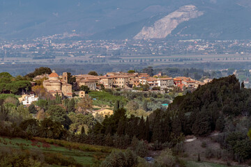 Fototapeta na wymiar Aerial view of Casciana Alta and surroundings, Casciana Terme, Pisa, Italy