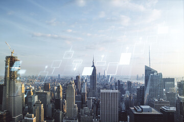 Multi exposure of abstract virtual financial graph hologram on New York skyline background, forex...