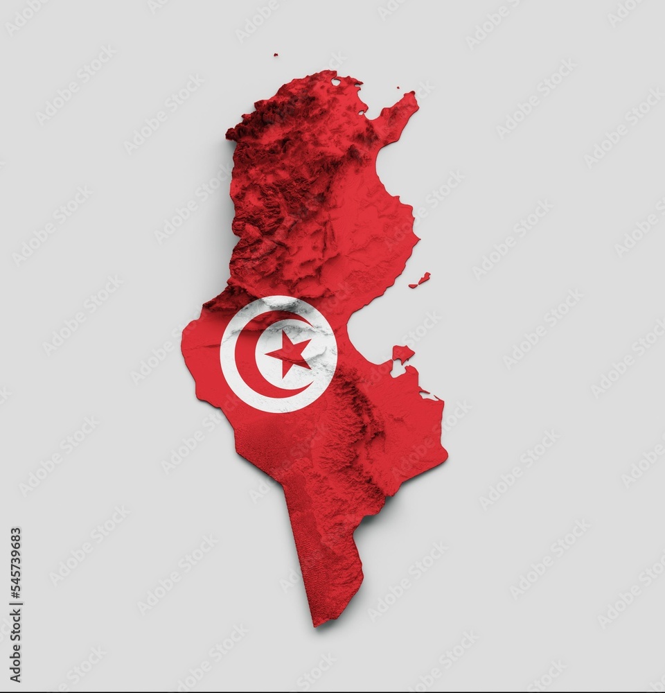 Poster 3d render of the tunisia map shape with the flag isolated on a gray background