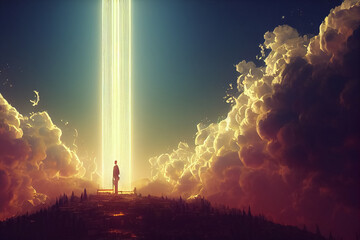 3d render of Gates lights of heaven in fog above blue sky background - obrazy, fototapety, plakaty