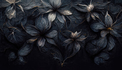 Fototapeta premium Beautiful dark abstract exotic flowers. Luxurious dark ink flowers and patterns.