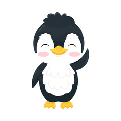 Penguin in flat style. Cute penguin waves. Vector illustration of arctic animals.