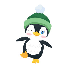 Little penguin in a winter hat. Penguin vector illustration in flat style. Severn Pole. Arctic animals.