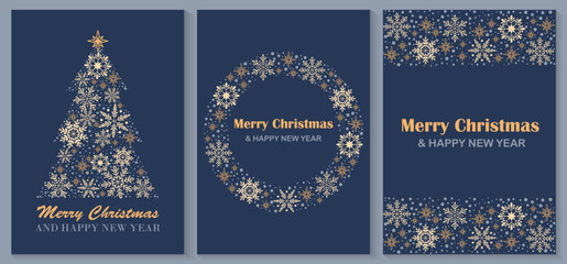 Merry Christmas and Happy New Year  set blue vertical cards. Universal templates with Christmas tree, snowflakes, stars