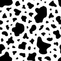 Cow print seamless pattern. Repeated black spot cow on white background. Milk texture for design prints. Repeating dapple skin. Repeat moo animal.Leather printed. Modern printing. Vector illustration