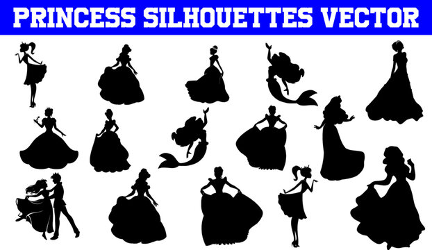 Princess Silhouettes Vector | Princess SVG | Clipart | Graphic | Cutting files for Cricut, Silhouette
