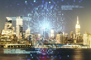 Abstract virtual creative code skull hologram on Manhattan cityscape background, theft of personal data and malware concept. Multiexposure