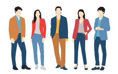 Fototapeta premium Set of young men and women, different colors, cartoon character, group of silhouettes of standing business people, students, the design concept of flat icon, isolated on white background