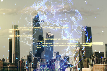 Double exposure of abstract programming language hologram and world map on New York city skyscrapers background, research and development concept