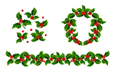 Christmas garland of holly border, wreath on a white background, ornament for the decor of cards, banners. New Year's colors, red and green. Vector image isolate