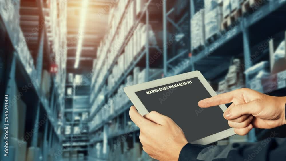 Poster warehouse management deft software in computer for real time monitoring of goods package delivery . 