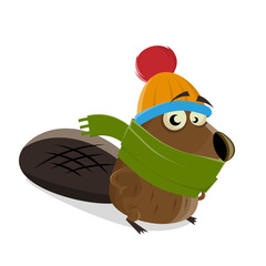 funny cartoon illustration of a beaver with wool hat and scarf