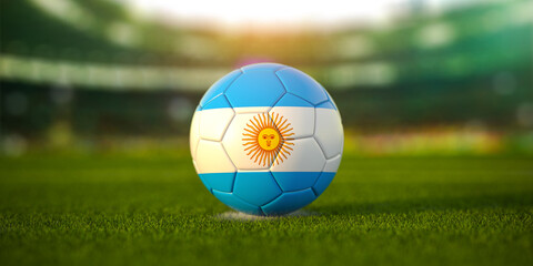 Football ball with flag of Argentina on the field of football stadium and space for name of football clubs. Football championship of Argentina concept.