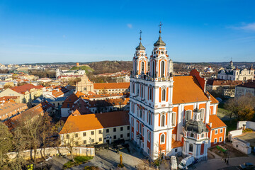 Aerial autumn fall sunny view of Saint Catherine's Church, Vilnius old town, Lithuania