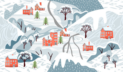 Mountain landscape seamless repeat pattern with snow-covered  rural houses and trees.Winter endless scandinavian wallpaper.Hand drawn print on fabric and paper.Vector flat style cartoon illustration. © Alla