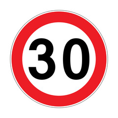 Speed limit 30 km h. Vector illustration of red round traffic sign. Circle road sign with number 30 kmh. Flat style design isolated on white background. Legal maximum speed symbol.