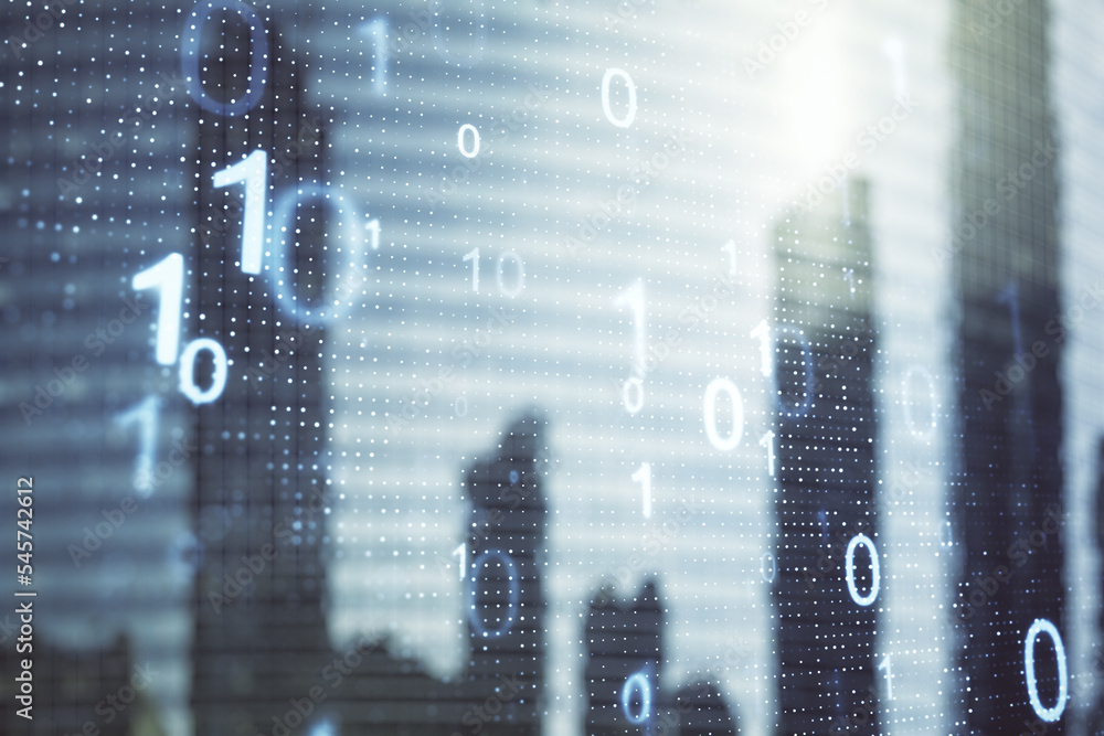 Aufkleber abstract virtual binary code hologram on modern architecture background, ai and machine learning con