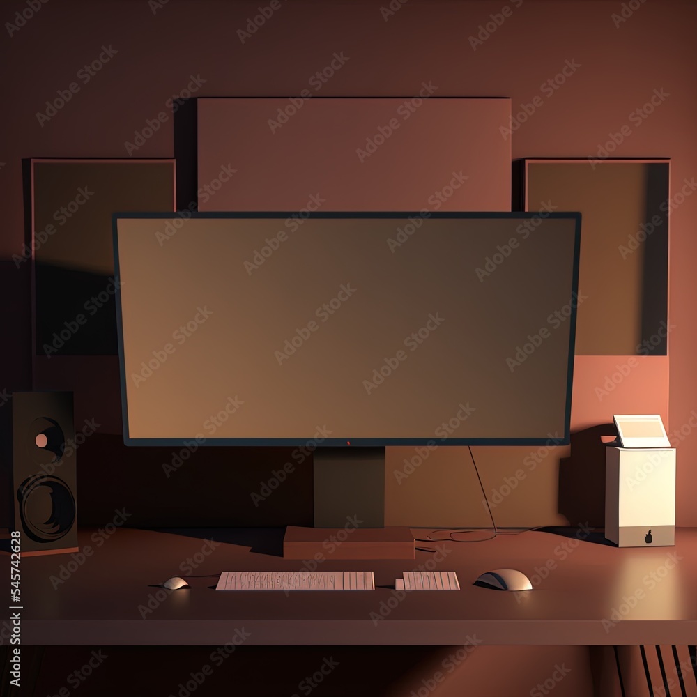 Poster desk with computer monitor. workplace in the studio or at home with brown wall. clipping path around