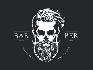 Barber Shop logo, Vintage Bearded Barber Skull With Stylish Hairstyle, Vector illustration