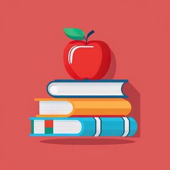 Book and apple icon. Education symbol stack of books and red apple. Modern flat icon