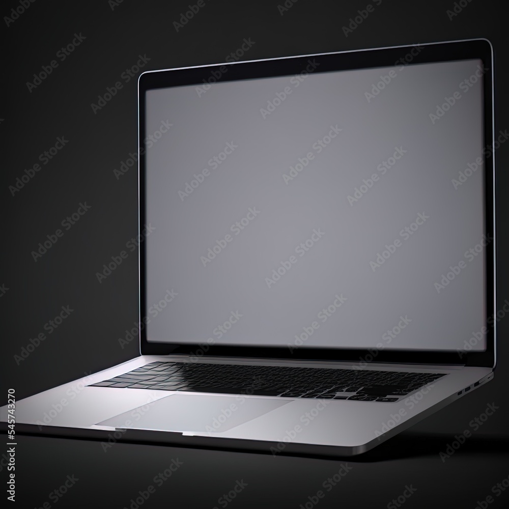Poster realistic aluminum laptop with empty white screen display isolated on black background. 3d rendering