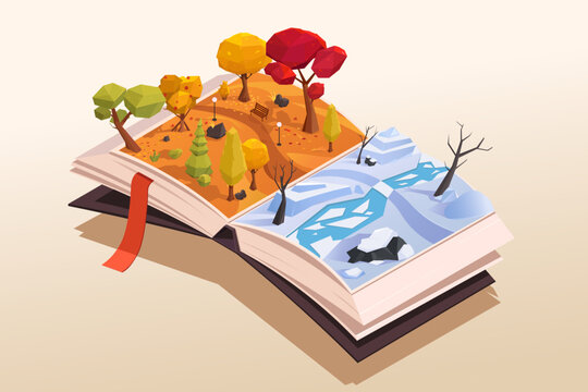 Isometric illustration with open book. Off season winter with frozen river and snow in central park. Cartoon cityscape, landscape with autumn trees. 3D design of reading storybook. Vector illustration