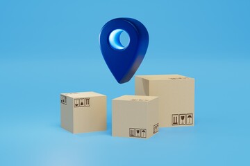 targeted delivery of parcels. parcel boxes and location point on a blue background. 3D render