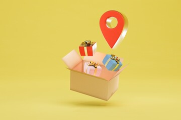 delivery of parcels to the specified address. box with gifts and dot gps on a yellow background. 3D render - obrazy, fototapety, plakaty